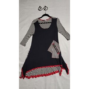 Black White Striped With Red Piping Inside Out LS  Tunic With Zipper Trim Size L